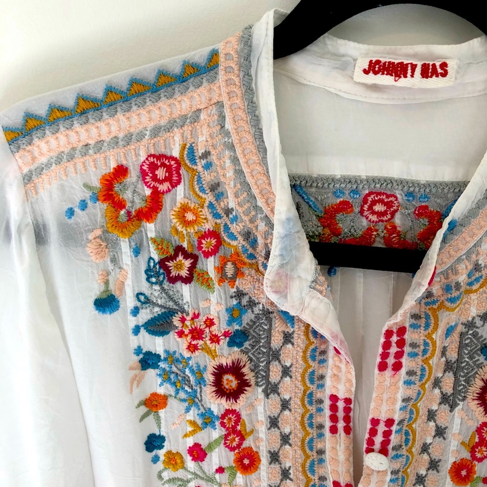Johnny Was sheer white tunic blouse size SM with floral embroidery